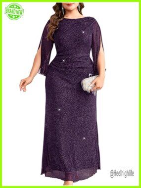 Plus Size Sparkly Evening Dress 3/4 Petal Sleeve V-Back Ruched Maxi Gown